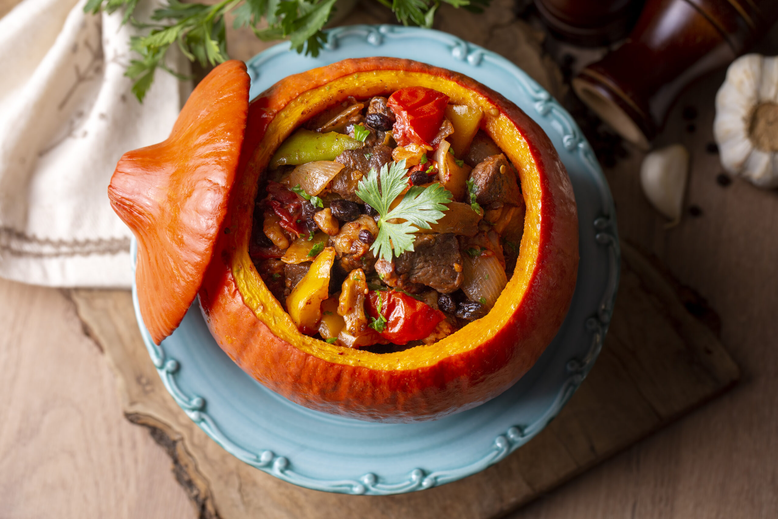 Stuffed pumpkin stew with meat and vegetables. Turkish name; bal kabagi dolmasi