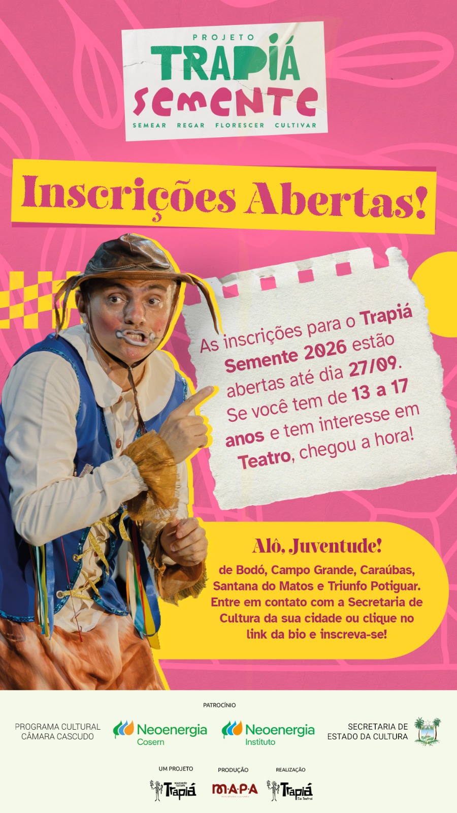5ª edição do Trapiá Semente está com inscrições abertas para adolescentes de cinco municípios do RN