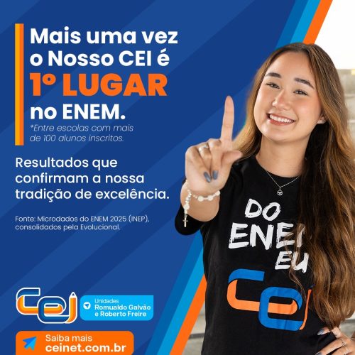 Ranking ENEM 2025: Nosso CEI alcança novamente 1º lugar entre as escolas com mais de 100 alunos inscritos
