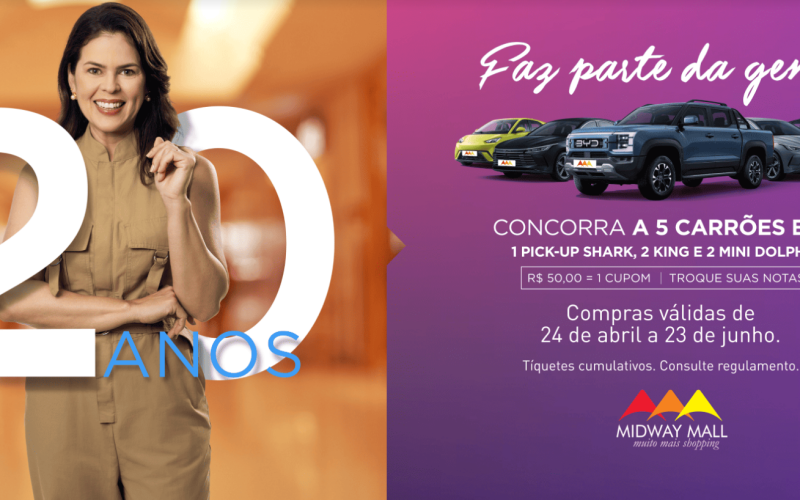 Midway presenteia seu público com sorteio de cinco carros BYD nesta quarta-feira (25)