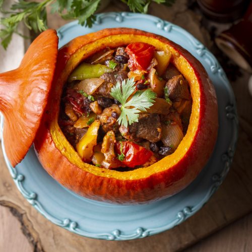 Stuffed pumpkin stew with meat and vegetables. Turkish name; bal kabagi dolmasi