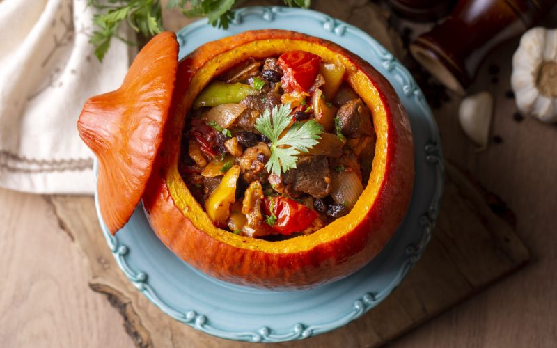 Stuffed pumpkin stew with meat and vegetables. Turkish name; bal kabagi dolmasi