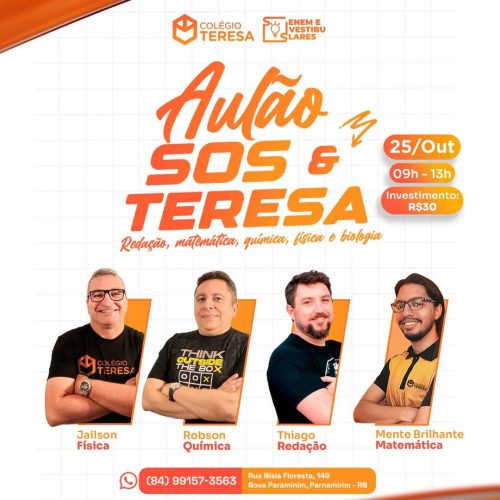 Colégio Teresa realiza aulão voltado ao ENEM e aberto ao público neste sábado (25)