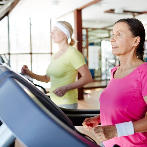 Two active and helathy sportswomen exercising on treadmills in modern fitness center